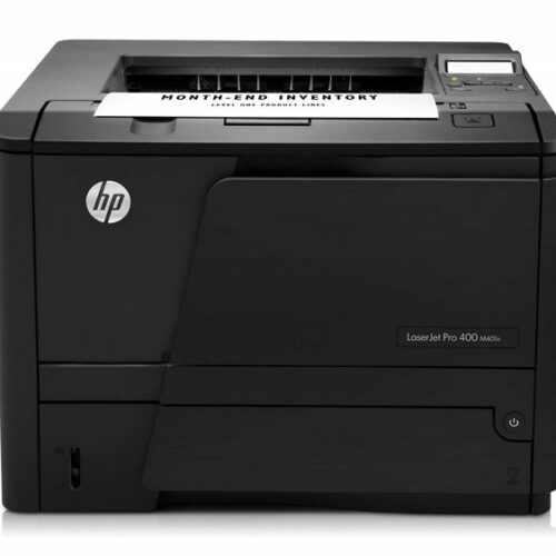 A refurbished HP LaserJet Pro 400 M401n Laser Printer CZ195A in black has a sheet marked MONTH-END INVENTORY partially visible on its output tray - 2