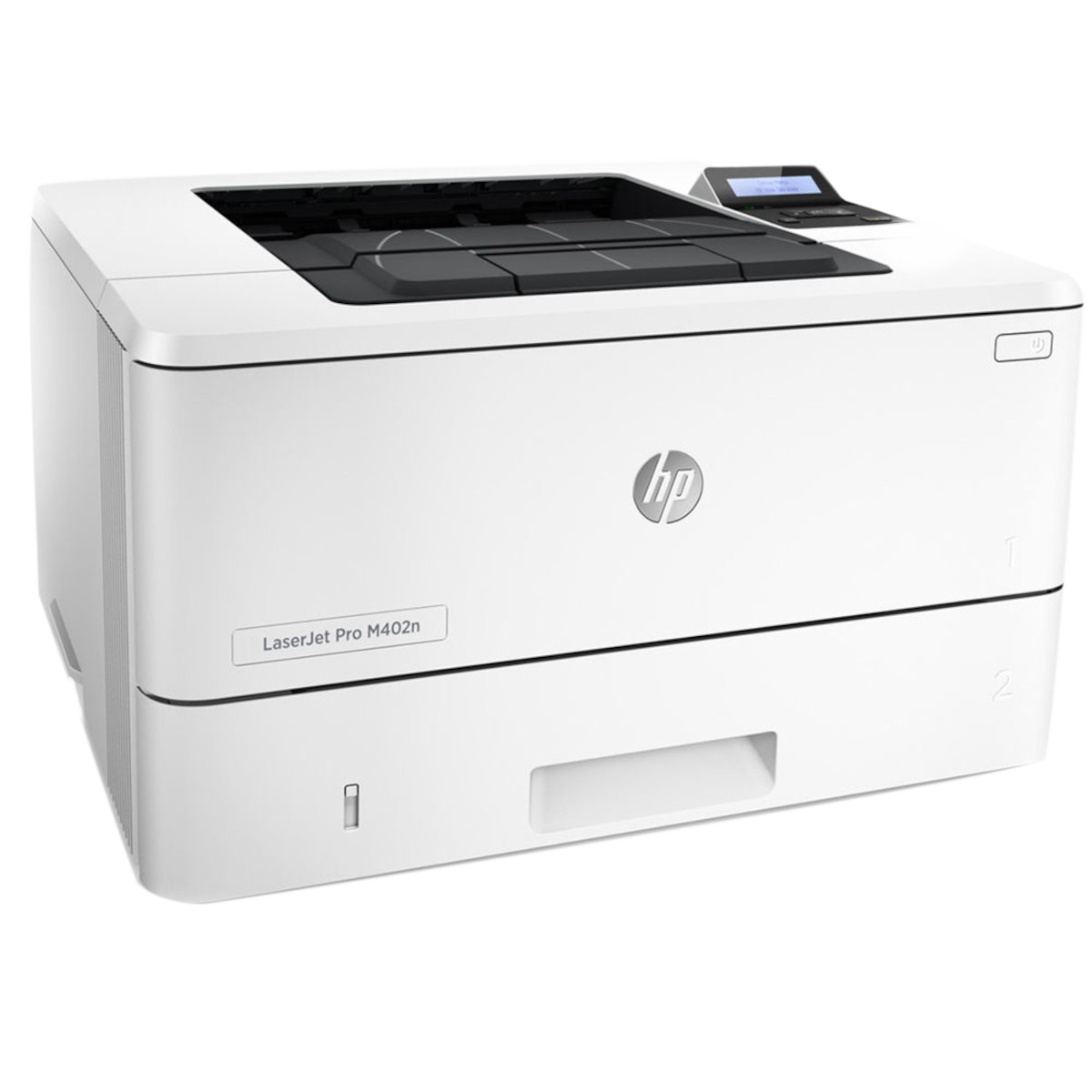 The HP LaserJet Pro M402n Laser Printer C5F93A is a white printer featuring a bottom paper tray, top-right control panel, and HP logo on the front.