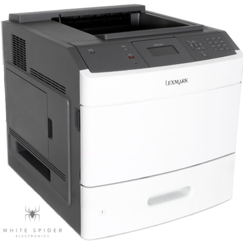 Refurbished Lexmark T652dn Laser Network Printer 30G0200 with digital display and buttons on the top right. Lexmark branding is near the control panel, and a handle for paper tray access is in the lower front. The White Spider Electronics logo is at the bottom left corner.