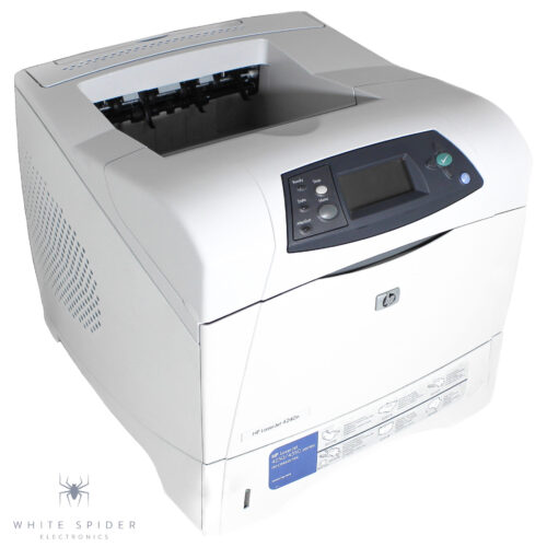 A white HP LaserJet 4240n Workgroup Laser Printer (Q7785A) with control buttons and a display screen on the top panel is photographed on a white background, with the White Spider Electronics logo in the bottom left corner.