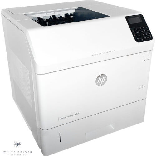 A refurbished HP LaserJet Enterprise M606DN printer, featuring a control panel on the top right, is set against a plain background with the brand logo prominently displayed on the front.