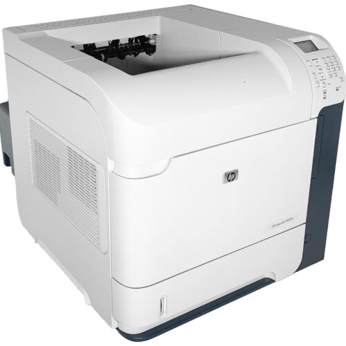 The HP LaserJet P4015DN Workgroup Laser Printer CB526A is a white office printer with a gray control panel and keypad on the top-right. It features a paper output tray on top and side ventilation grilles, set against a plain white background.