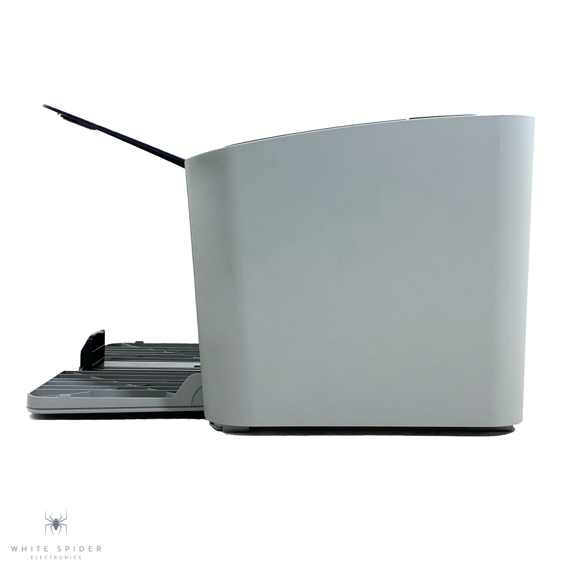 Side view of an HP LaserJet P1505 Workgroup Laser Printer CB412A in gray with extended paper trays, set against a plain white background. The White Spider Electronics logo is visible in the bottom left corner.