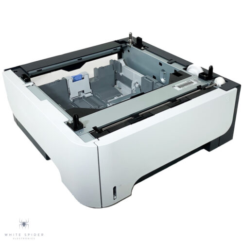 A monochrome 500-sheet input tray for HP P2035 & P2055 laser printers, featuring a white and gray design with multiple compartments and adjustment mechanisms. The refurbished White Spider Electronics logo is visible, adding character to this sleek unit.