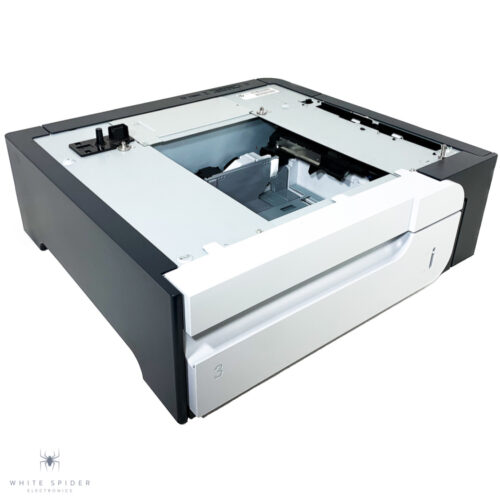 A sleek, minimal HP CF084A 500-Sheet Paper and Heavy Media Tray in a black and white color scheme, with an open lid revealing the inner compartment and a logo in the bottom left corner.