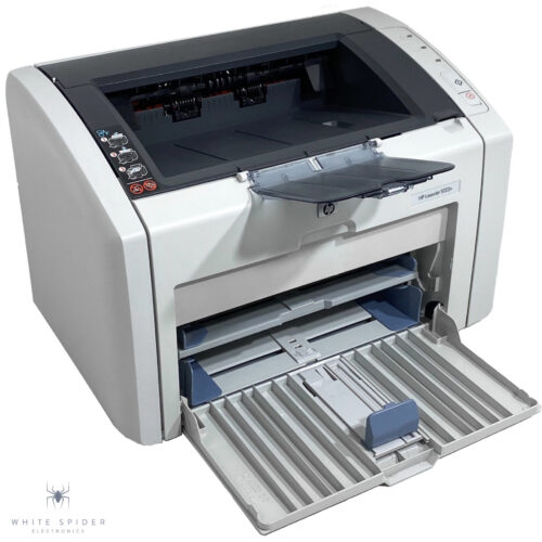 A refurbished gray HP LaserJet 1022n Network Printer Q5913A features an open paper tray and side control buttons. The brand logo is visible against a plain white background.