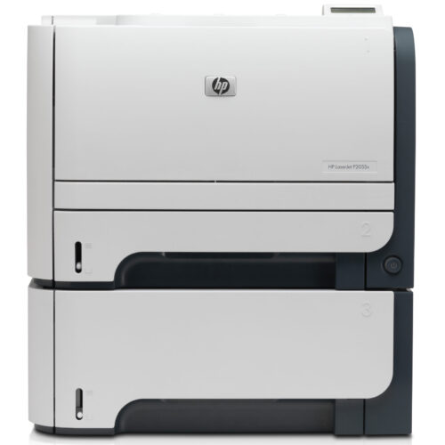 Against a white background, the refurbished HP LaserJet P2055x Workgroup Laser Printer CE460A in white is displayed, featuring dual-paper trays. This compact and reliable office-friendly printer is an efficient choice for any workspace.