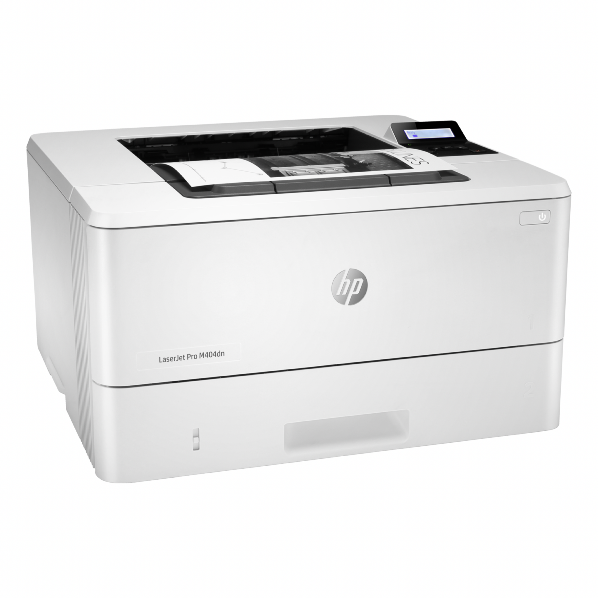 The HP LaserJet Pro M404dn Monochrome Laser Printer (W1A53A) features paper loaded, a top-right control panel, and an HP logo on the front.