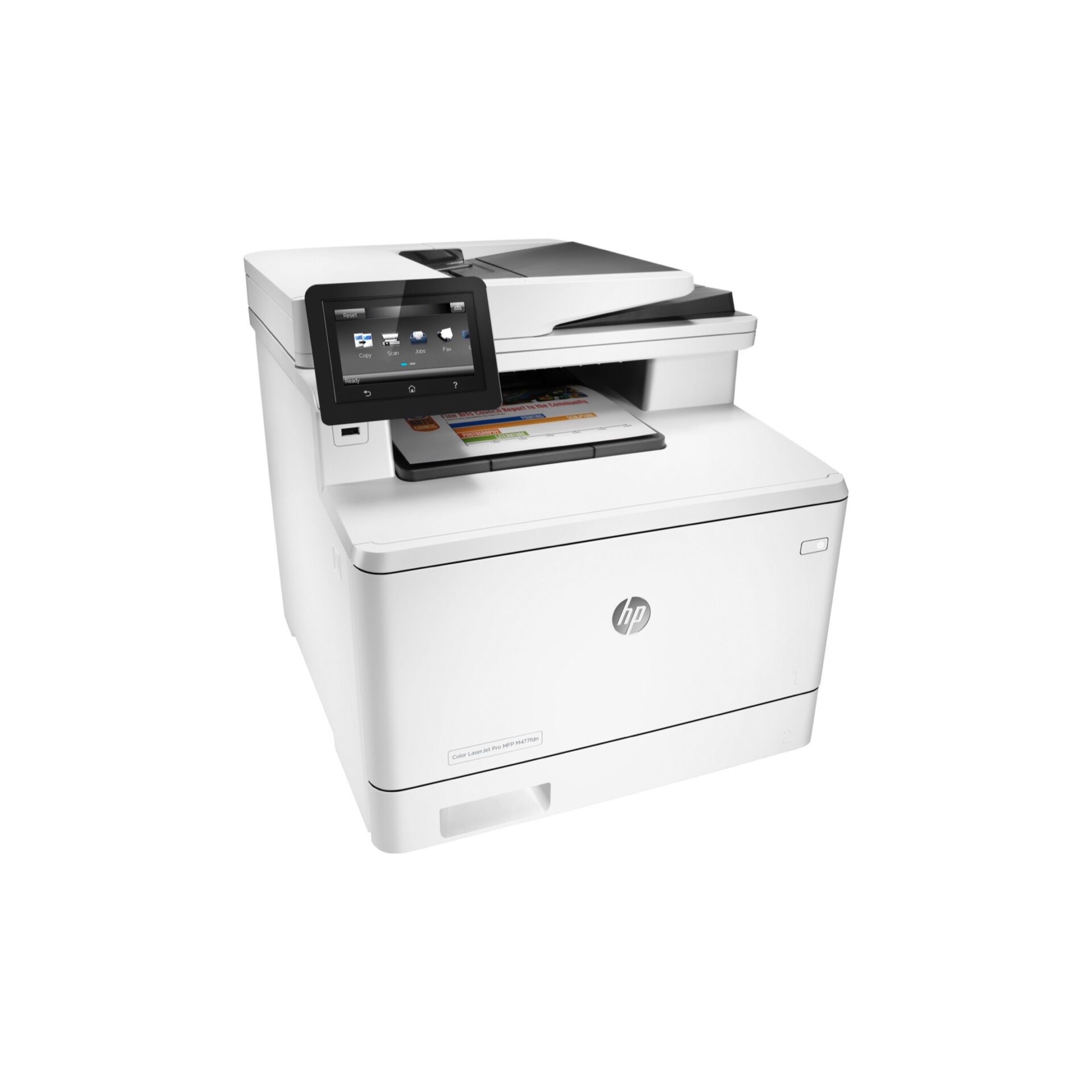The HP Color LaserJet Pro MFP M477fdn All-in-One Laser Printer CF378A, shown in white with a touch screen display, flatbed scanner, and paper tray, prints a color document.