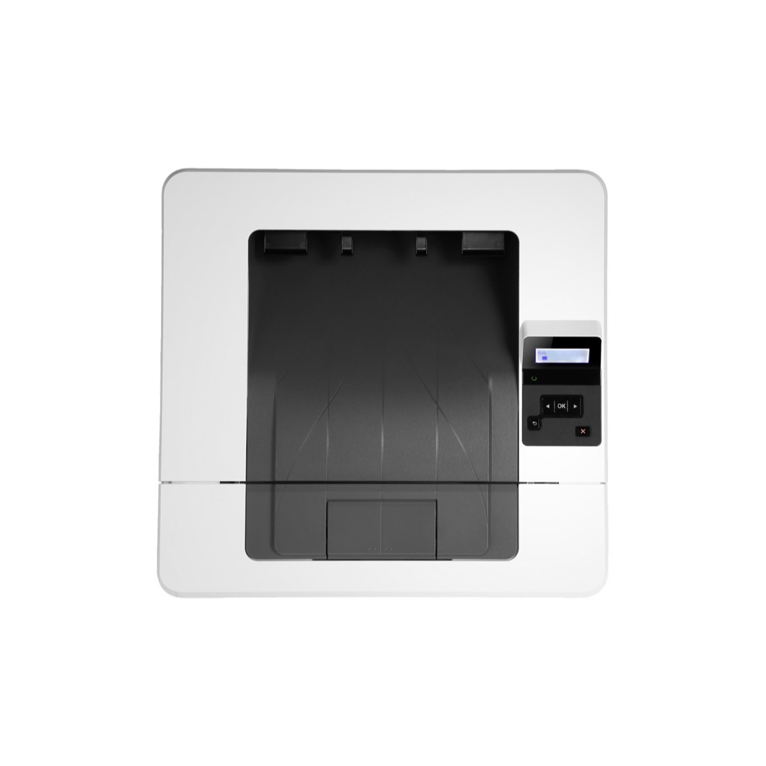 Top view of the HP LaserJet Pro M404dn Monochrome Laser Printer W1A53A, showing its digital display and control buttons on the right, plus a central paper output tray, set against a plain white background.