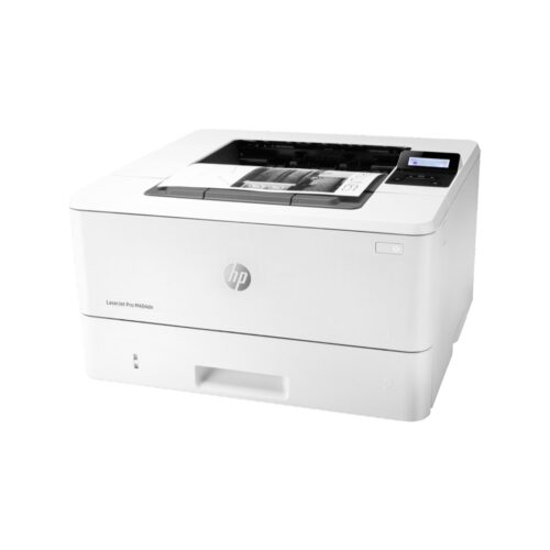 The HP LaserJet Pro M404dn Monochrome Laser Printer (W1A53A), in white, with a digital display, prints a black-and-white document against a plain white background.