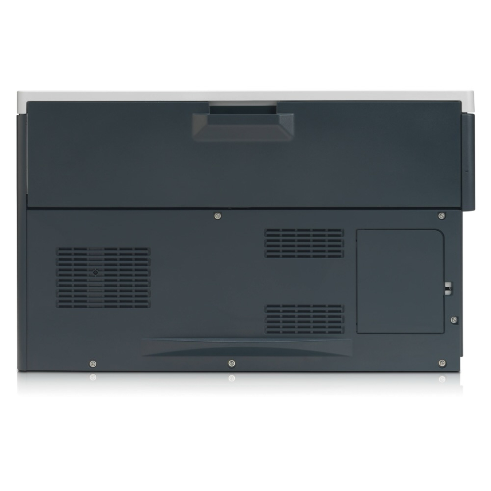 The HP LaserJet Pro CP5225dn Color Laser Printer CE712A is a black and gray rectangular device with vent openings and a small access panel, shown from the back on a white background.