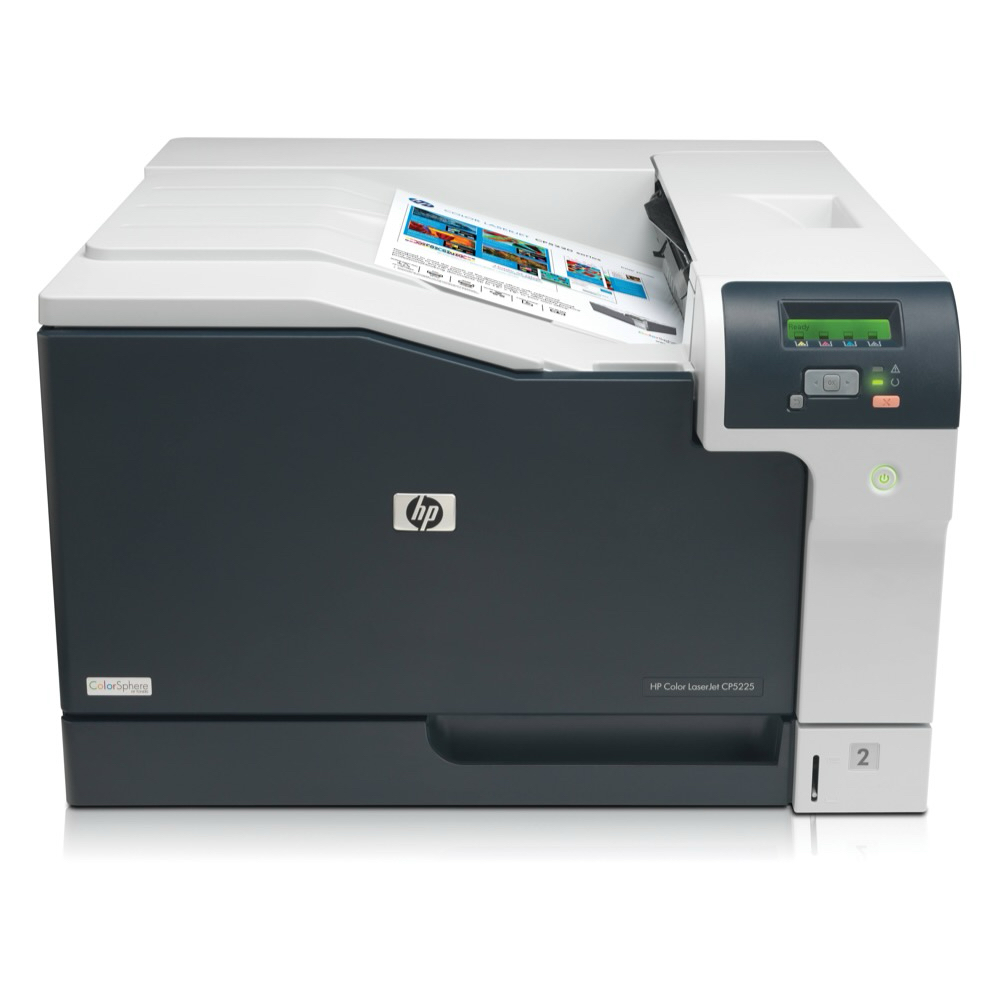 The HP LaserJet Pro CP5225dn Color Laser Printer CE712A in gray and black features a top output tray with printed pages, plus a digital display and control buttons on the right side.