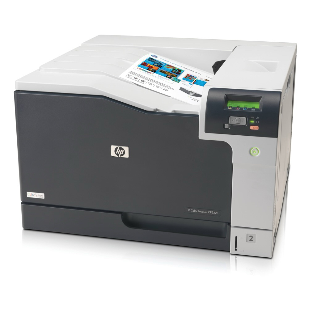 An HP LaserJet Pro CP5225dn Color Laser Printer CE712A in black and gray prints a color page, featuring a right-side control panel with buttons and a small display screen.