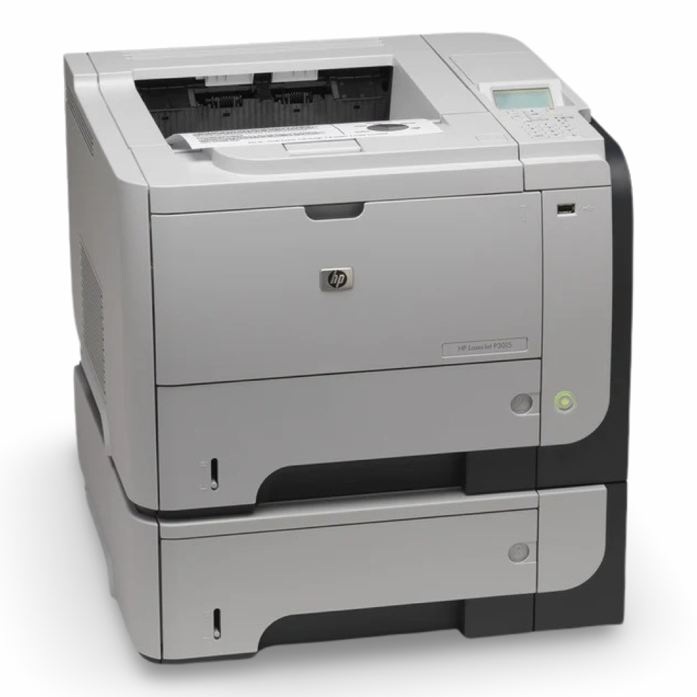 A refurbished gray HP LaserJet Enterprise P3015x Workgroup Laser Printer CE529A features a control panel on the top right and a lower paper tray. With its boxy, utilitarian design, this refurbished printer is ideal for office use.