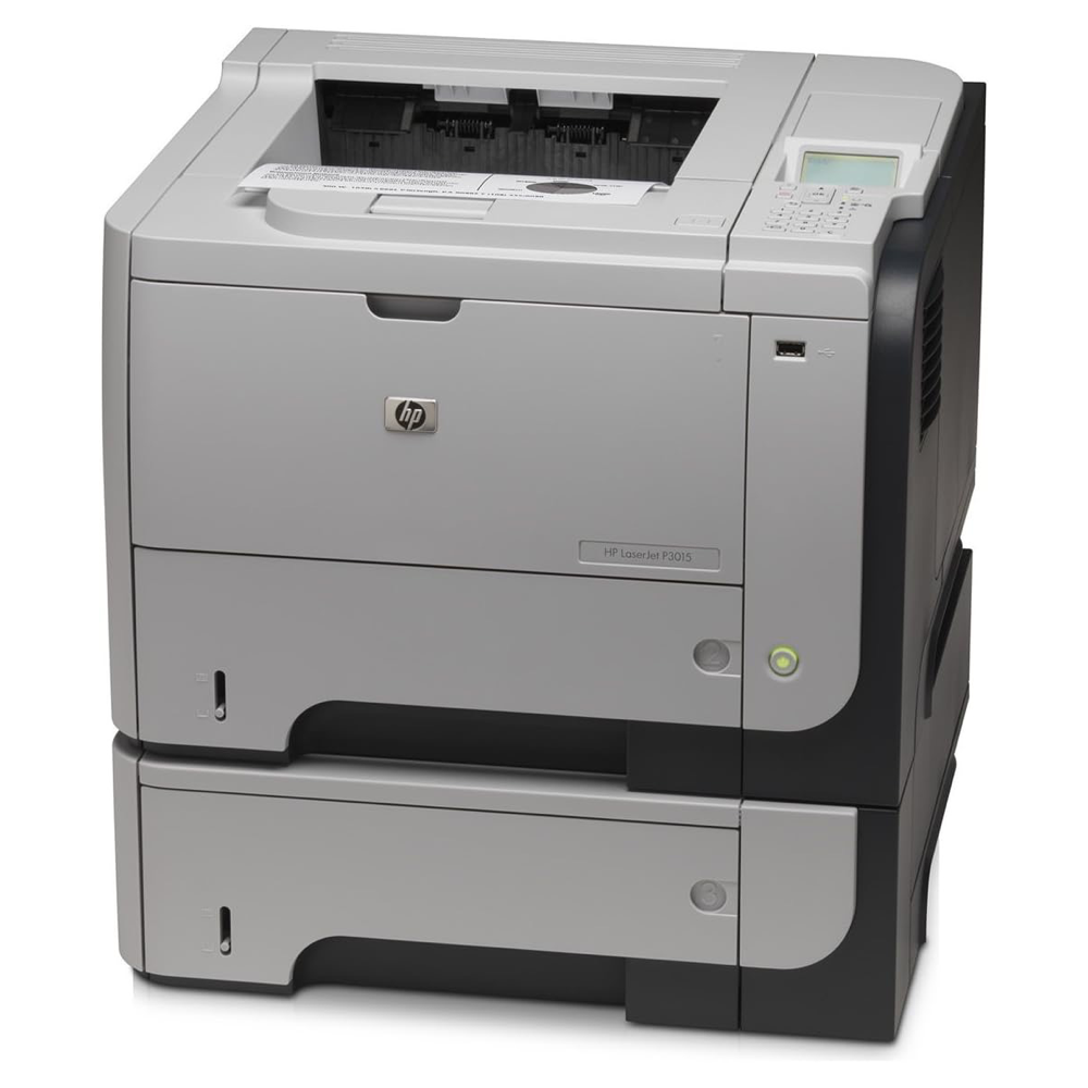 The HP LaserJet Enterprise P3015x Workgroup Laser Printer CE529A, in gray and black, features a paper tray, control panel, and display screen, and is shown on a white background.