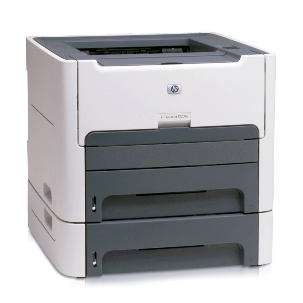 The HP LaserJet 1320tn Monochrome Laser Printer Q5927A is a refurbished, compact white and gray model with two paper trays. Its front paper feed slots make it ideal for office use, offering reliability as a refurbished electronic device.