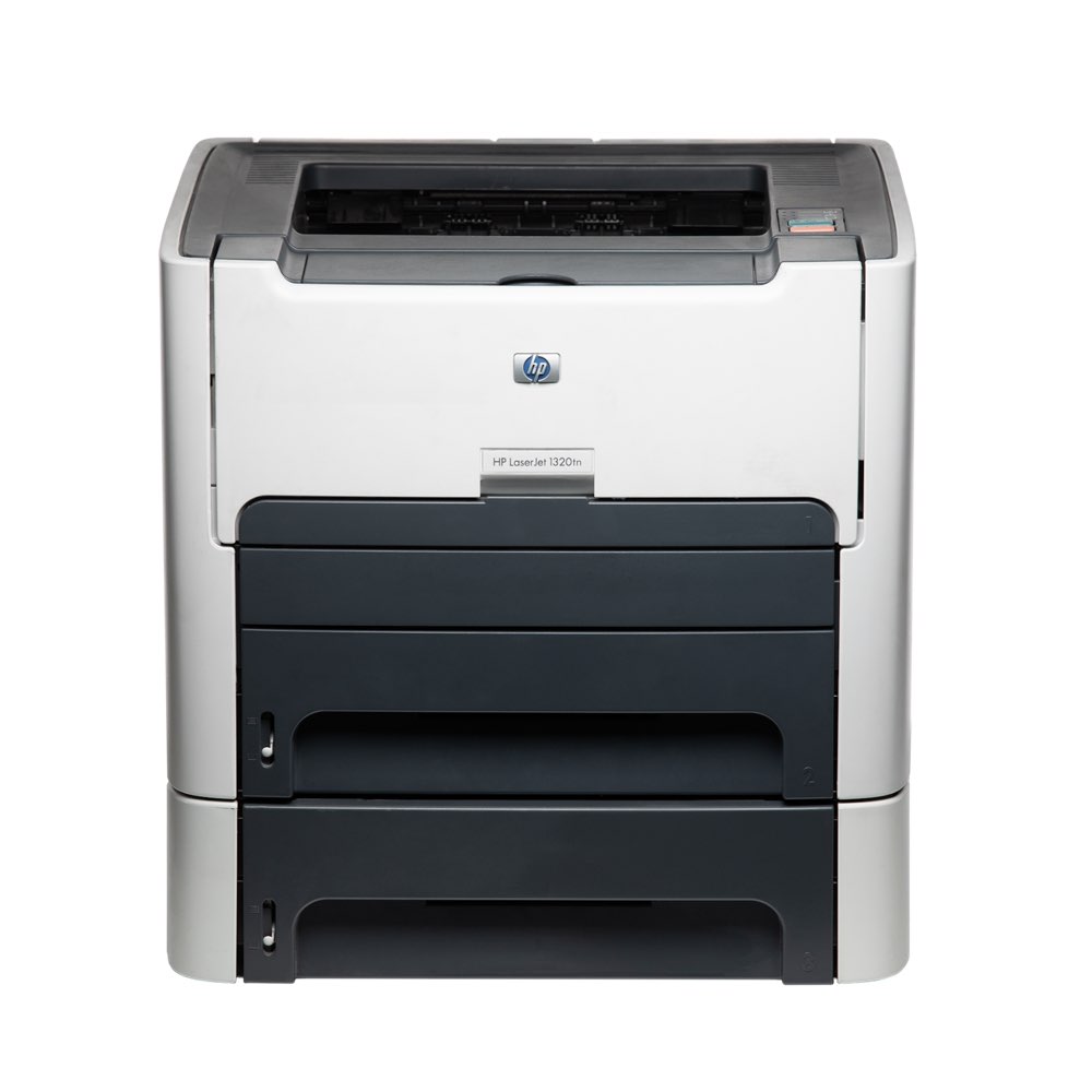 A front-facing view of an HP LaserJet 1320tn Monochrome Laser Printer Q5927A, showcasing its rectangular gray and black design with dual paper trays.