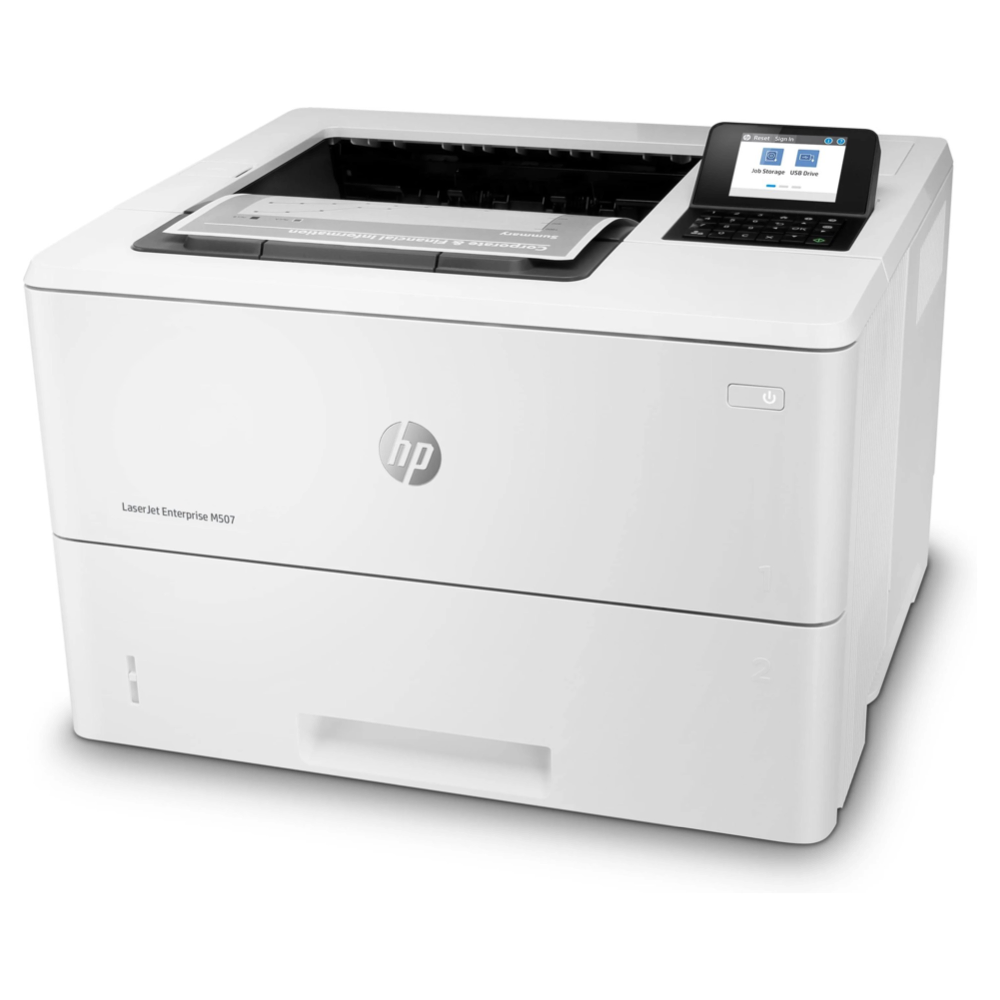 A refurbished HP LaserJet Enterprise M507dn Monochrome Laser Printer (model 1PV87A) is displayed on a plain white background, featuring a paper tray and a top right control panel with a display screen.