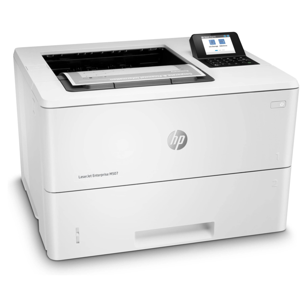 The refurbished HP LaserJet Enterprise M507dn 1PV87A features a sleek white design and digital display, with top paper output and bottom input drawer, offering modern functionality ideal for streamlined office tasks.