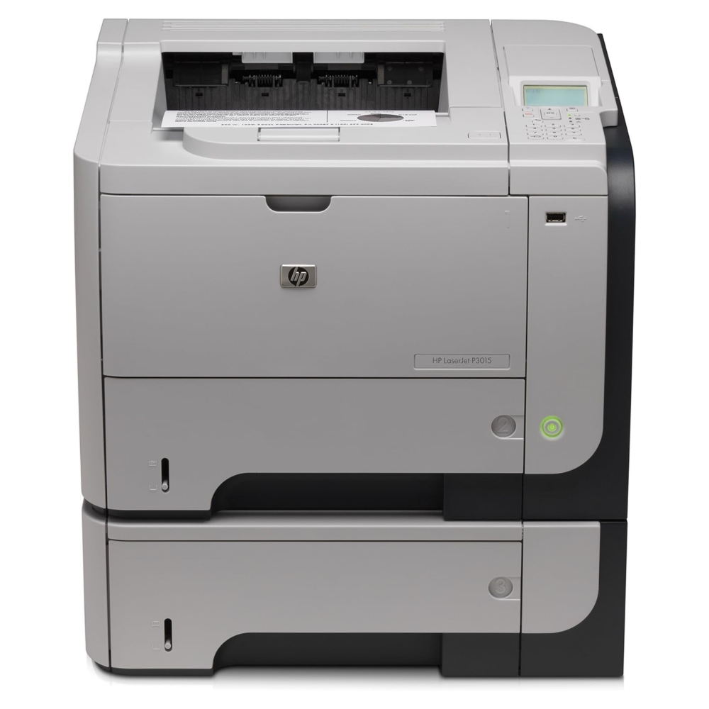 A gray HP LaserJet Enterprise P3015x Workgroup Laser Printer (CE529A) with two paper trays, control panel on top right, and HP logo centered on the front. The illuminated green power button is on the lower right side.