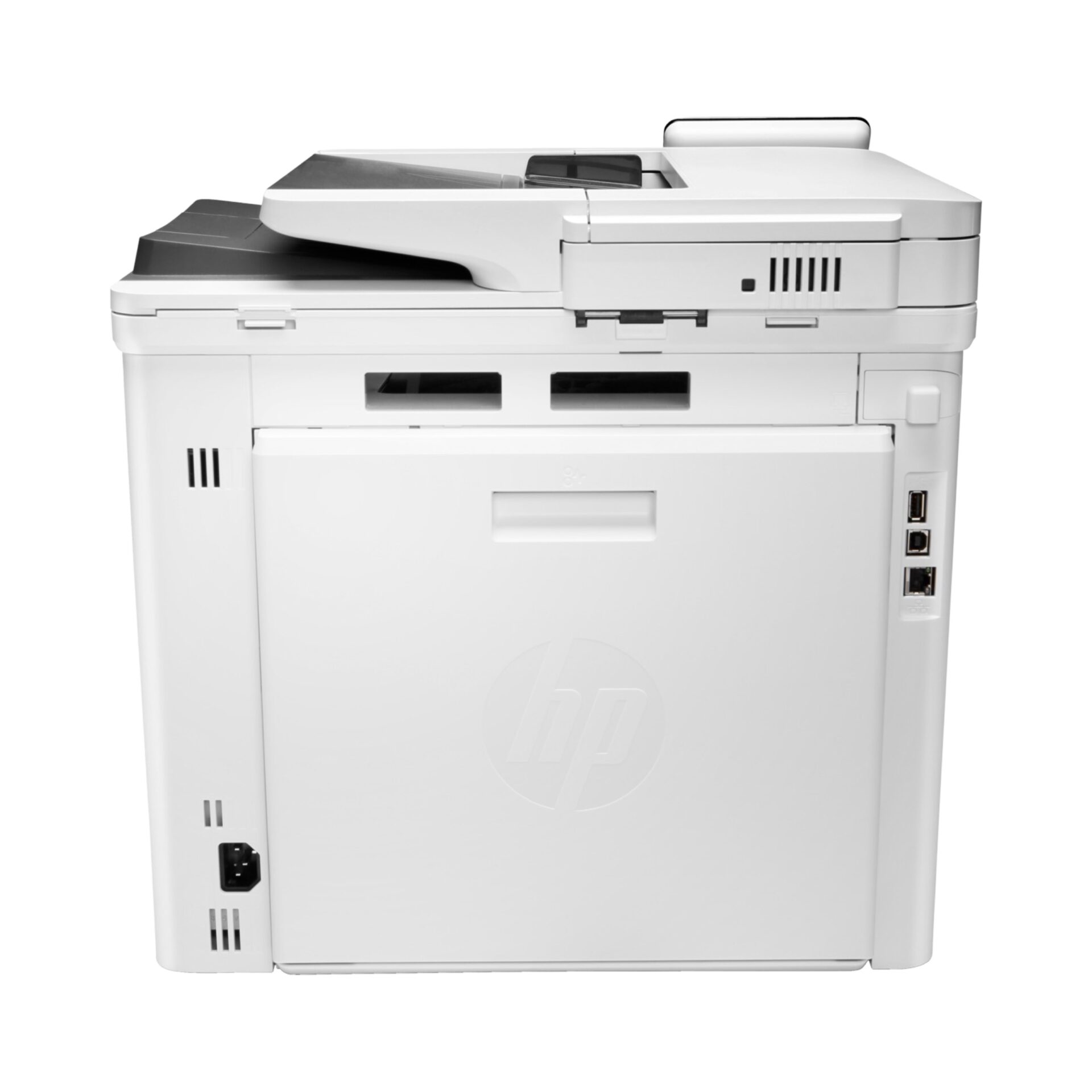 A refurbished HP Color LaserJet Pro Multifunction M479fdw wireless laser printer, W1A80A, with a touchscreen panel delivers vibrant printouts. Its sleek, modern design enhances any office setup by seamlessly combining efficiency and style back view