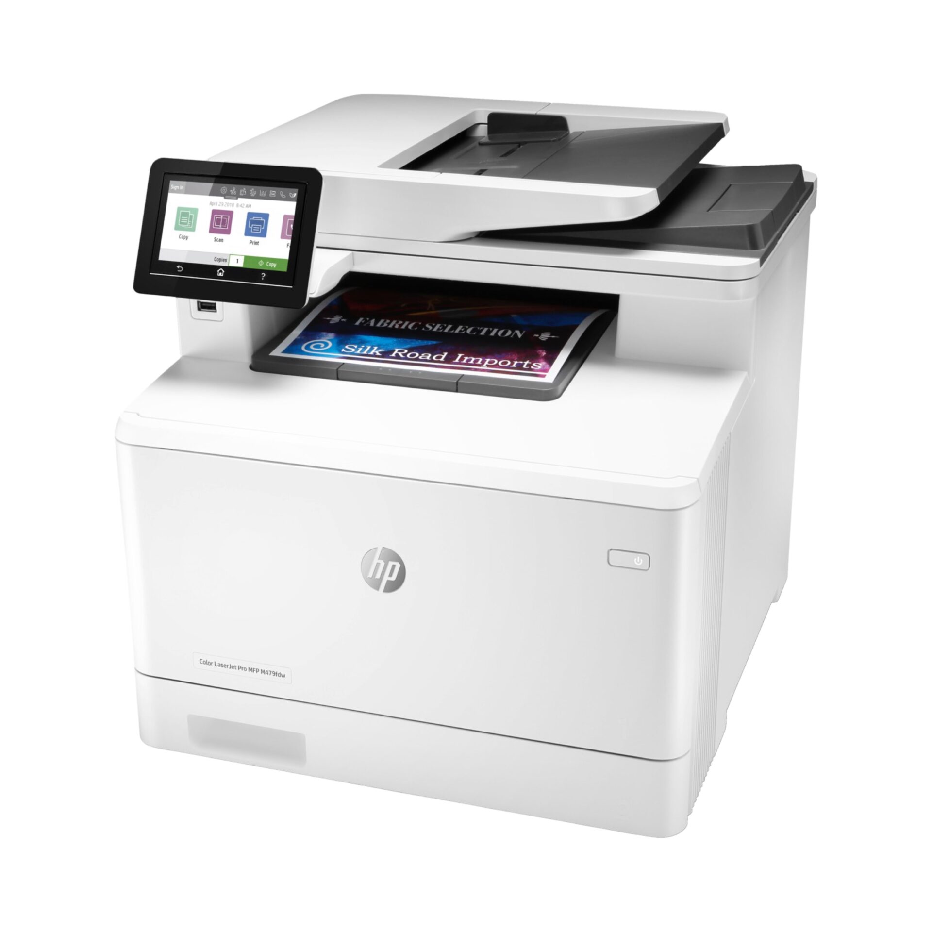 A refurbished HP Color LaserJet Pro Multifunction M479fdw wireless laser printer, W1A80A, with a touchscreen panel delivers vibrant printouts. Its sleek, modern design enhances any office setup by seamlessly combining efficiency and style side view