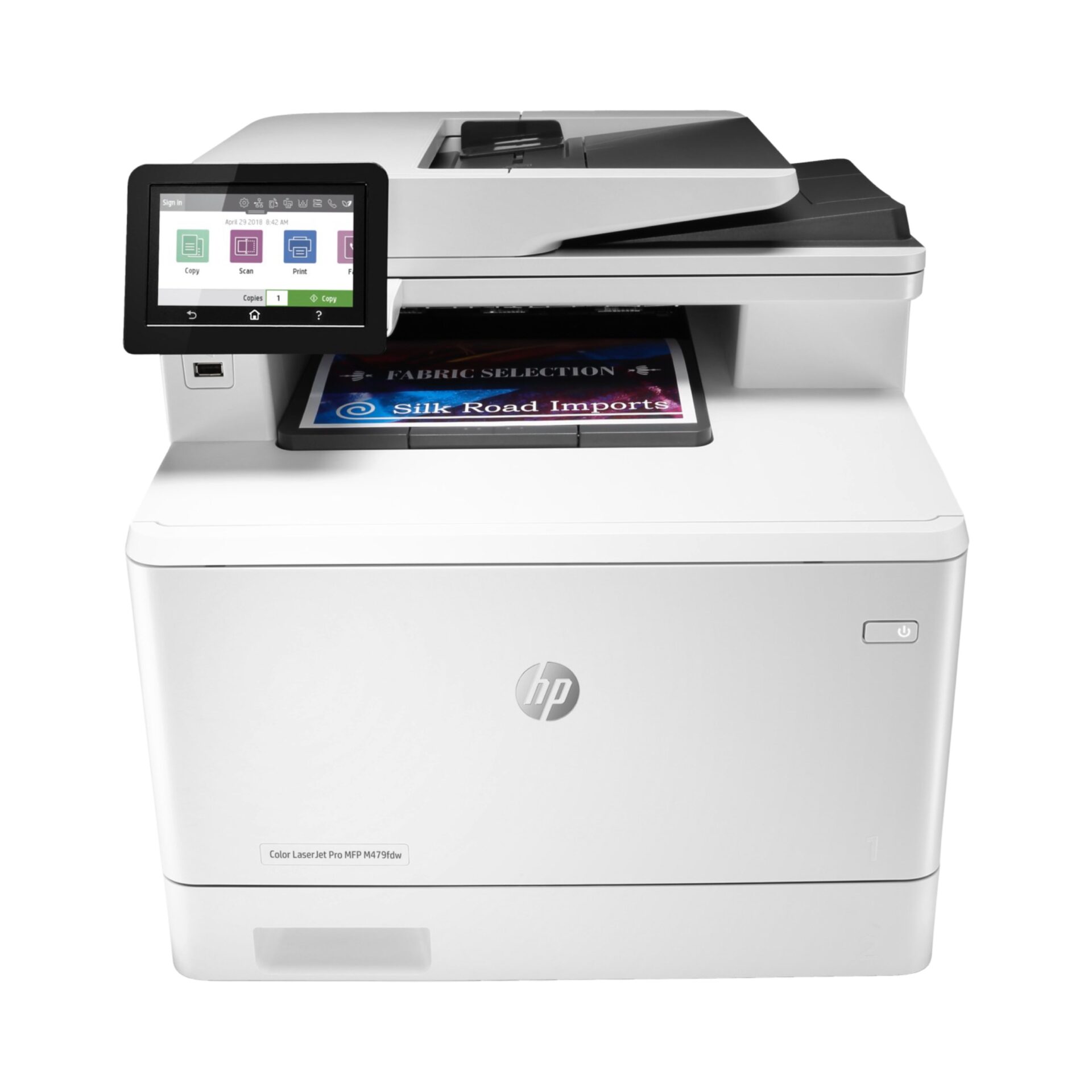 A refurbished HP Color LaserJet Pro Multifunction M479fdw wireless laser printer, W1A80A, with a touchscreen panel delivers vibrant printouts. Its sleek, modern design enhances any office setup by seamlessly combining efficiency and style front view