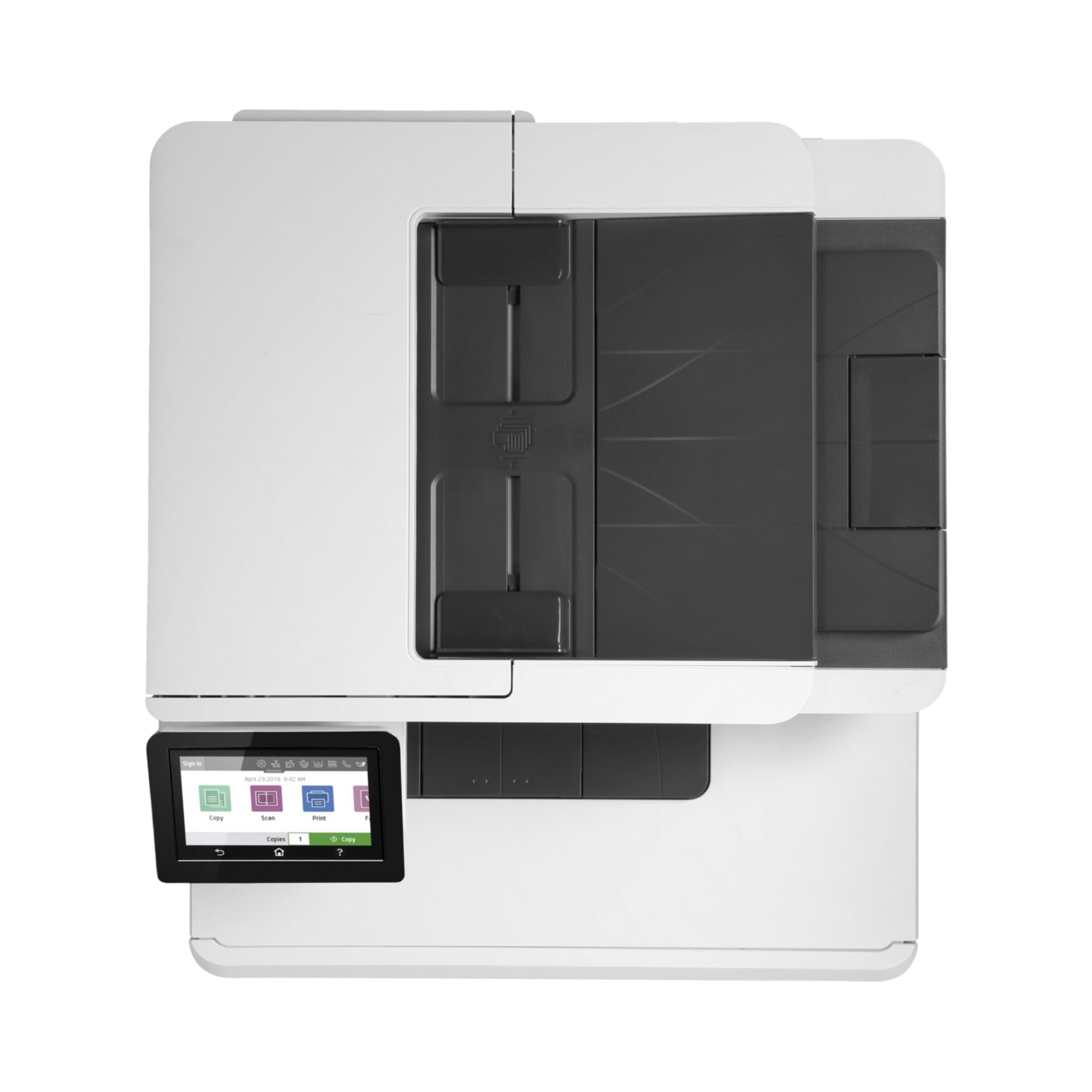 A refurbished HP Color LaserJet Pro Multifunction M479fdw wireless laser printer, W1A80A, with a touchscreen panel delivers vibrant printouts. Its sleek, modern design enhances any office setup by seamlessly combining efficiency and style up view