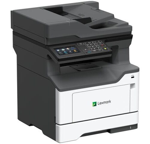 The refurbished Lexmark MX421ade Multifunction Laser Printer 36S0733 boasts a sleek black and white design, a control panel with buttons and a digital display, paper trays at the bottom, and a top section with a document feeder.