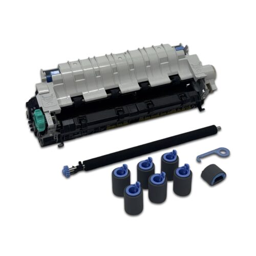 The HP 4250/4350/4240N Maintenance Kit - Q5421A includes a refurbished fuser unit, multiple rollers with blue accents, a rod with a blue end, and a small blue tool, all set against a white background.