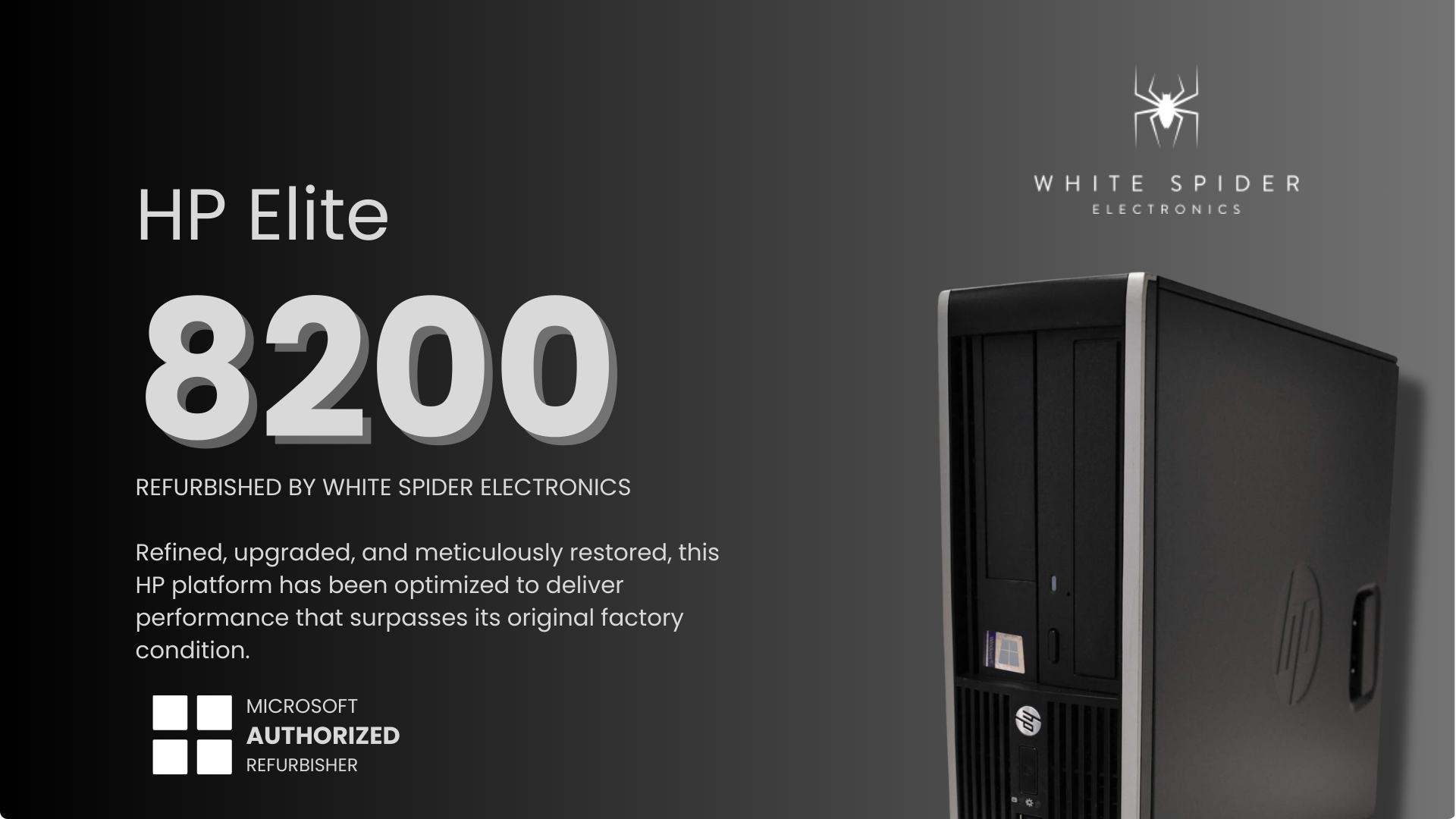 Promotional image for the HP 6300 Pro Desktop, Intel Core i5 (3rd Gen), Windows 10, WiFi, refurbished by White Spider Electronics. Features system upgrades and Microsoft Authorized Refurbisher branding.