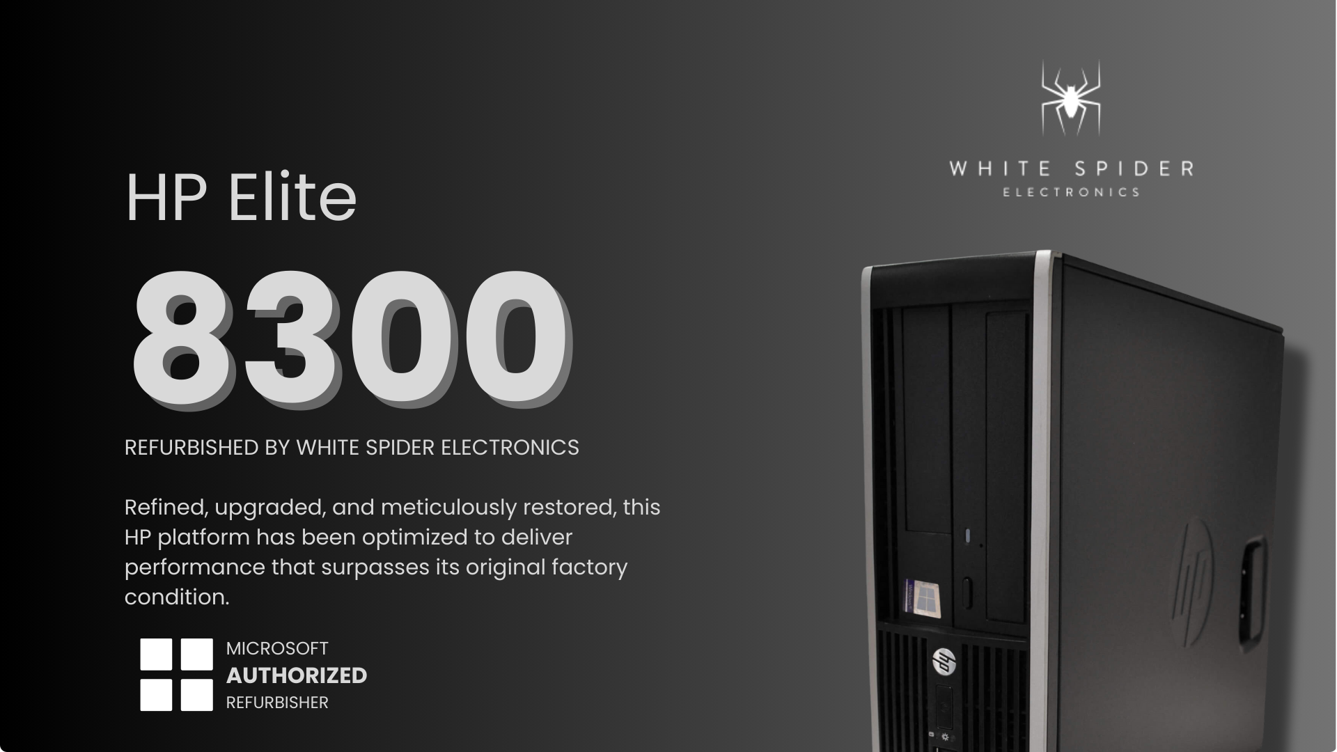 Promotional image for the HP 8300 Elite Desktop by White Spider Electronics, showing the PC tower, company logo, Microsoft Authorized Refurbisher badge, and highlighting its Intel Core i5 (3rd Gen), Windows 10, and WiFi features on a dark background.
