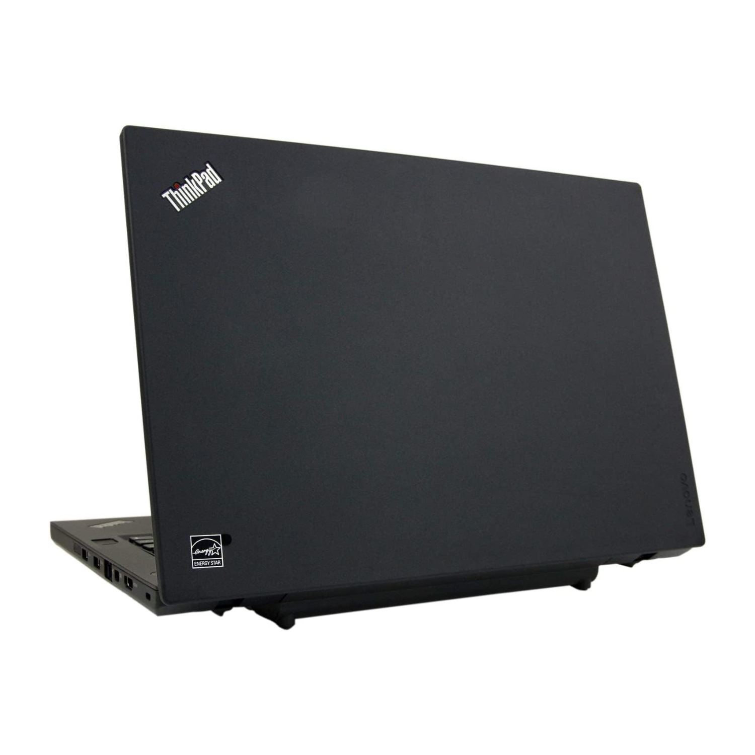 A black Lenovo ThinkPad laptop is partially open, showing the back of the screen with the ThinkPad logo in the top left corner and a small sticker near the bottom left.