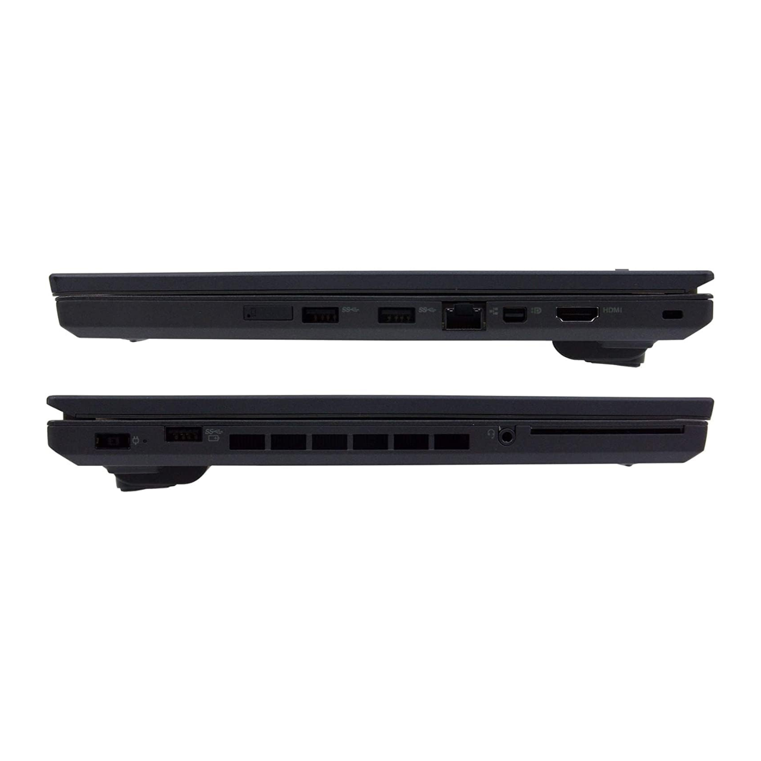 Two closed black laptops shown from the side, displaying various ports including USB, Ethernet, HDMI, and ventilation grills. The laptops are stacked with a gap between them, highlighting the side profiles.