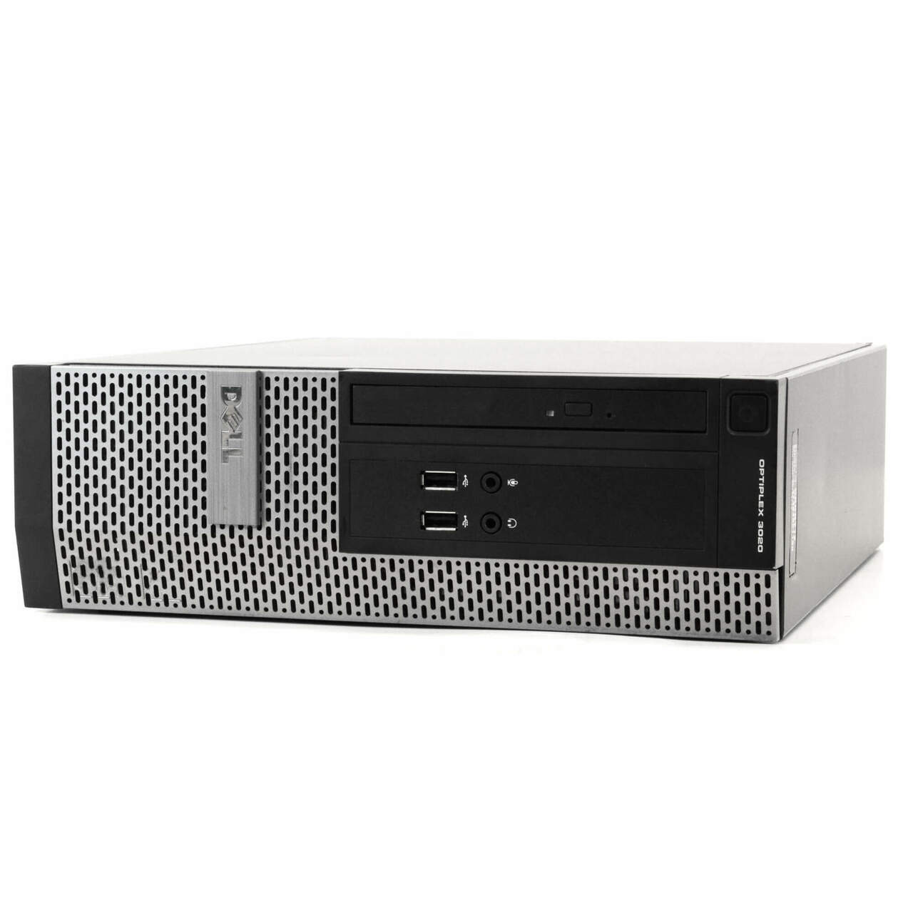 A silver and black Dell desktop computer with front-facing USB ports, audio jacks, a DVD drive, and a power button, positioned horizontally on a white background.