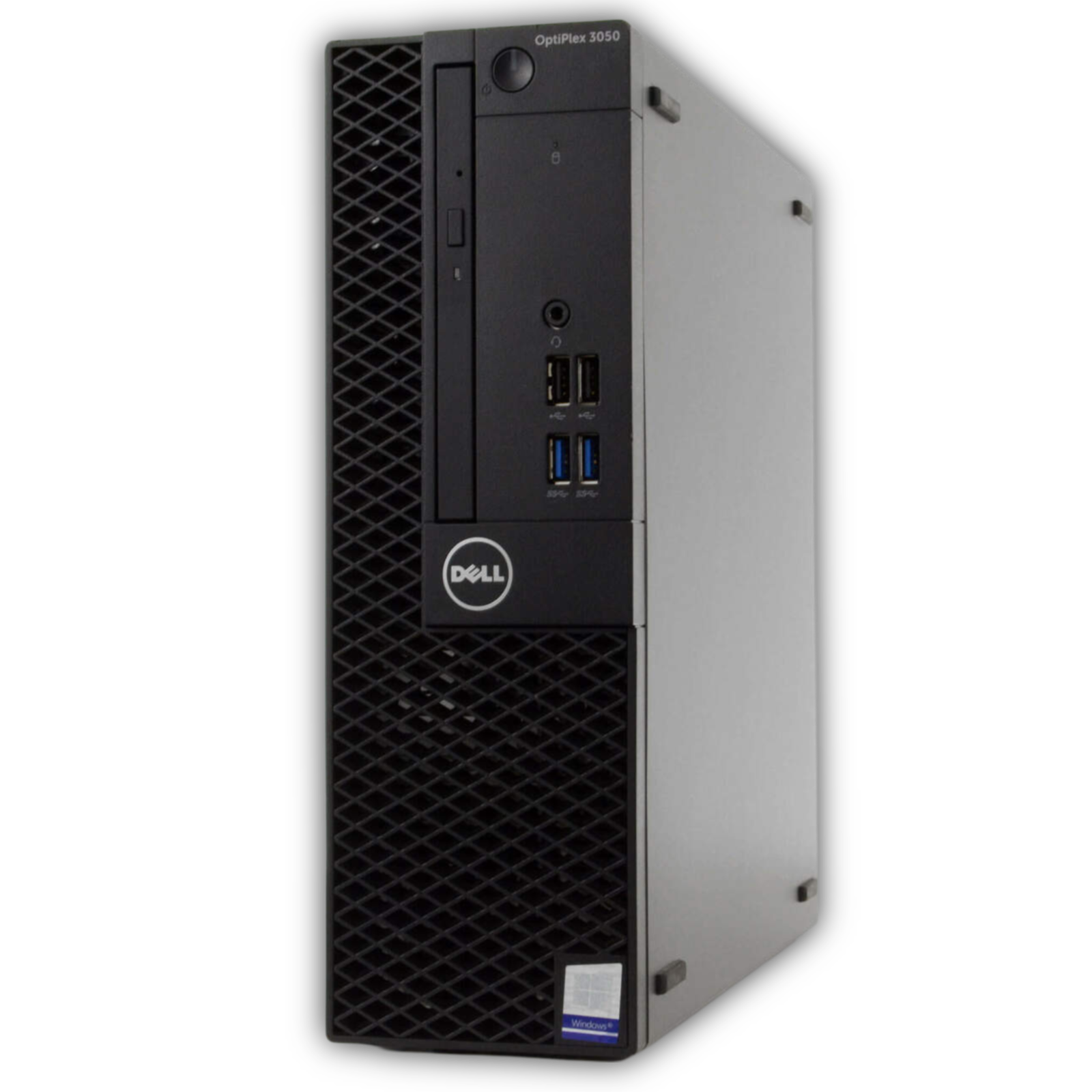 The HP EliteDesk 705 G4 Desktop features an AMD Ryzen 5 PRO, Windows 10 Pro, WiFi, Bluetooth, and a compact black and silver design with multiple front USB ports, audio jacks, a disk drive, and the HP logo at the bottom.