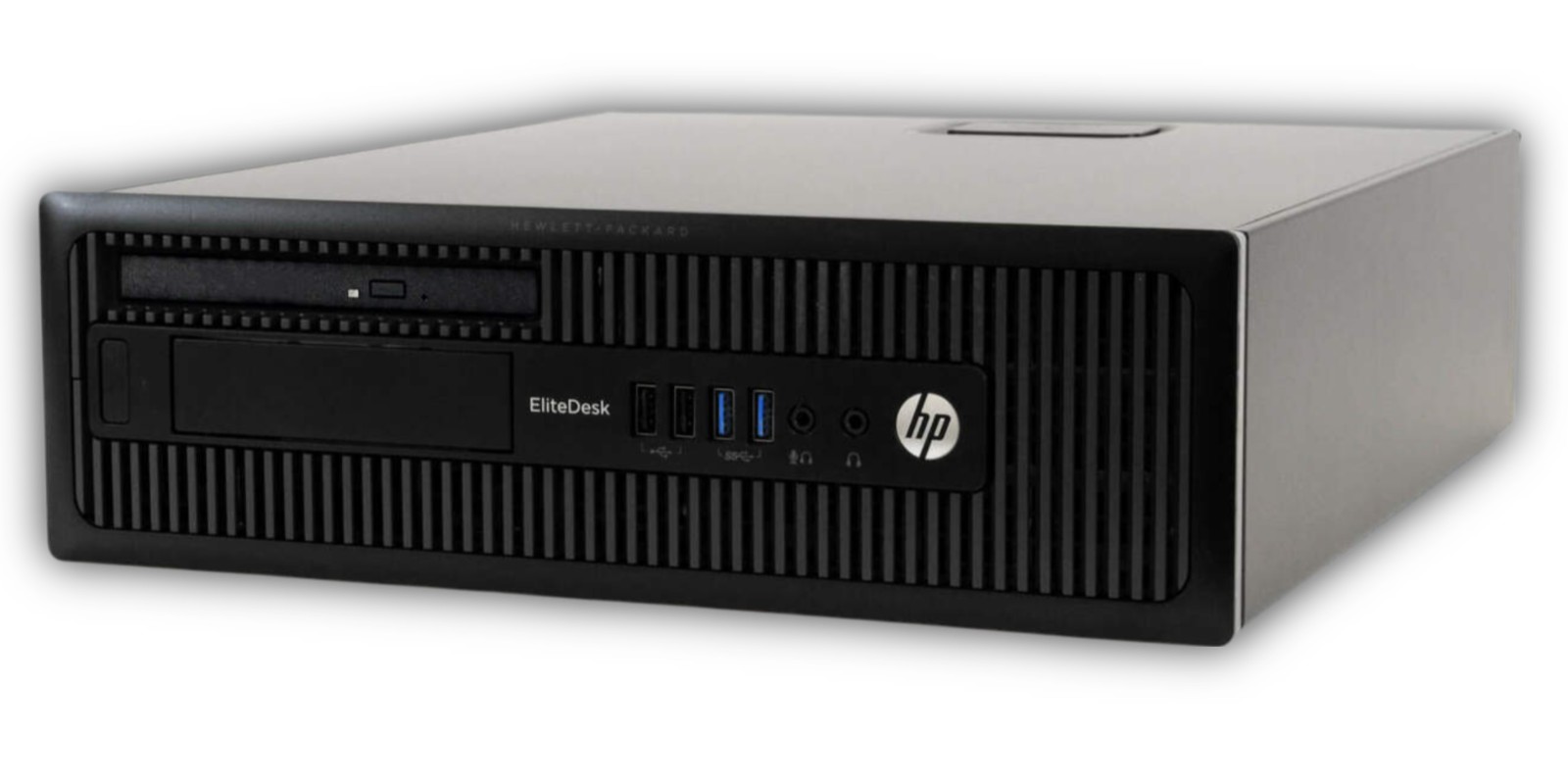 The HP EliteDesk 705 G4 Desktop features an AMD Ryzen 5 PRO, Windows 10 Pro, WiFi, Bluetooth, and a compact black and silver design with multiple front USB ports, audio jacks, a disk drive, and the HP logo at the bottom.