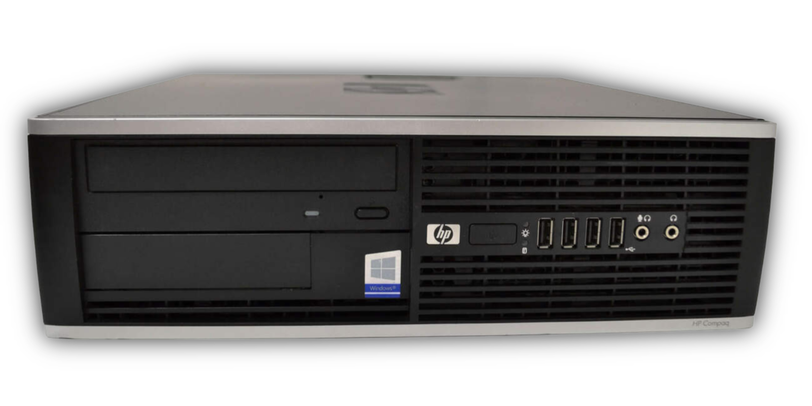 The HP EliteDesk 705 G4 Desktop features an AMD Ryzen 5 PRO, Windows 10 Pro, WiFi, Bluetooth, and a compact black and silver design with multiple front USB ports, audio jacks, a disk drive, and the HP logo at the bottom.