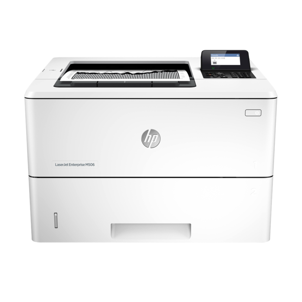 The HP LaserJet Enterprise M506n Laser Printer F2A68A is a white printer featuring a top-right display and control panel, a paper output tray on top, and the HP logo on the front.