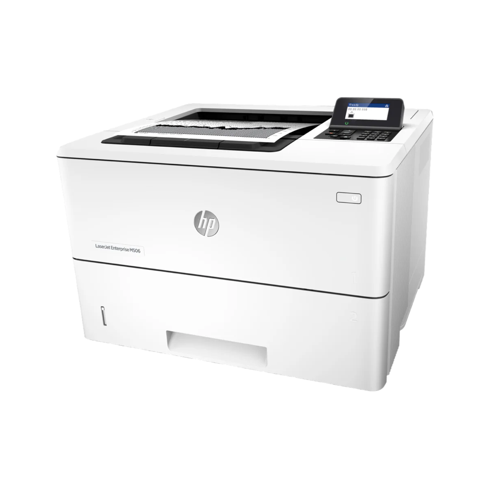 The HP LaserJet Enterprise M506n Laser Printer (F2A68A) is shown in white with a display screen and control panel on the top right, set against a white background.