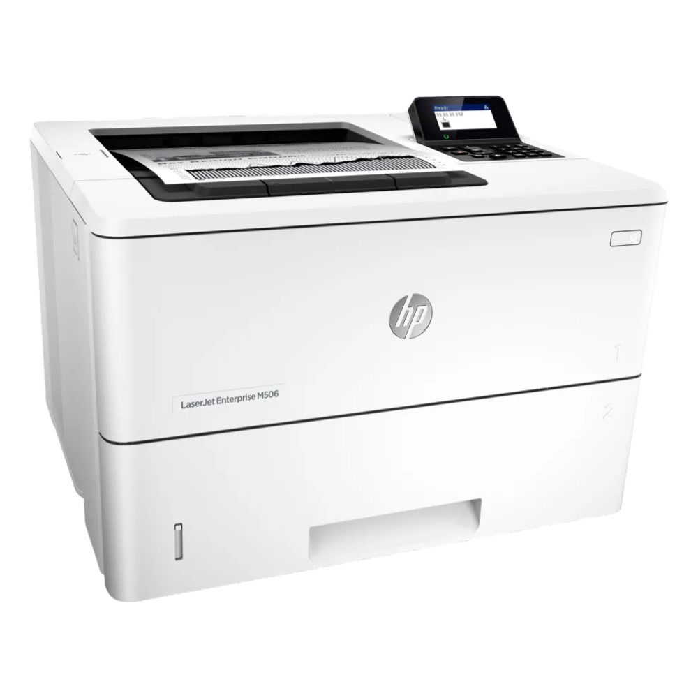 A refurbished HP LaserJet Enterprise M506n (F2A68A) printer in white showcases a digital display, buttons on the top right, and a bottom paper tray for office use. Featuring the HP logo, it exemplifies quality in refurbished electronics.