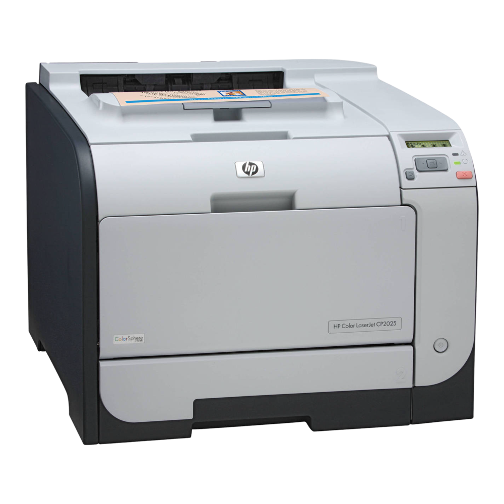 The refurbished HP Color LaserJet CP2025n Network Printer CB494A in gray includes a digital display and right-side control buttons. A page is visible on the output tray, highlighting its premium quality as part of our curated refurbished electronics collection.