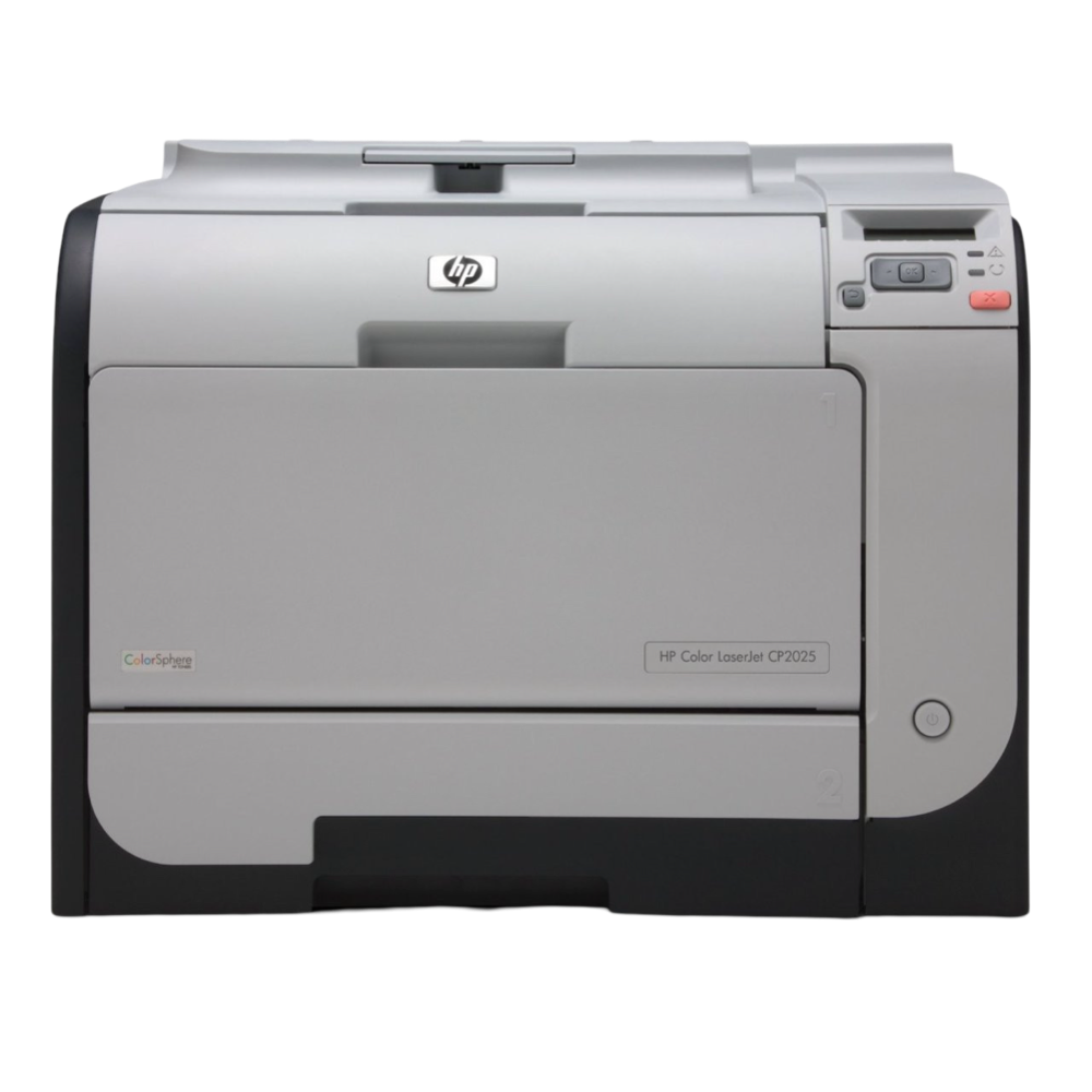 A front view of the HP Color LaserJet CP2025n Network Printer CB494A, showcasing its grey and black design, control buttons, and a compact top-right display.