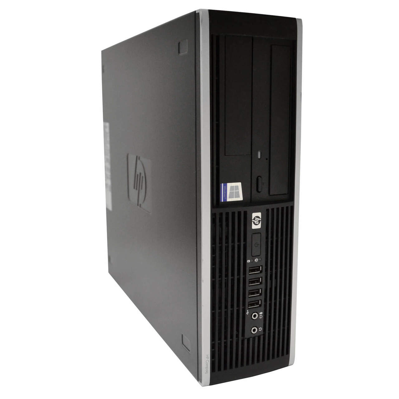 A black HP desktop computer tower with front-facing USB ports, audio jacks, and optical drive, shown standing upright on a white background.
