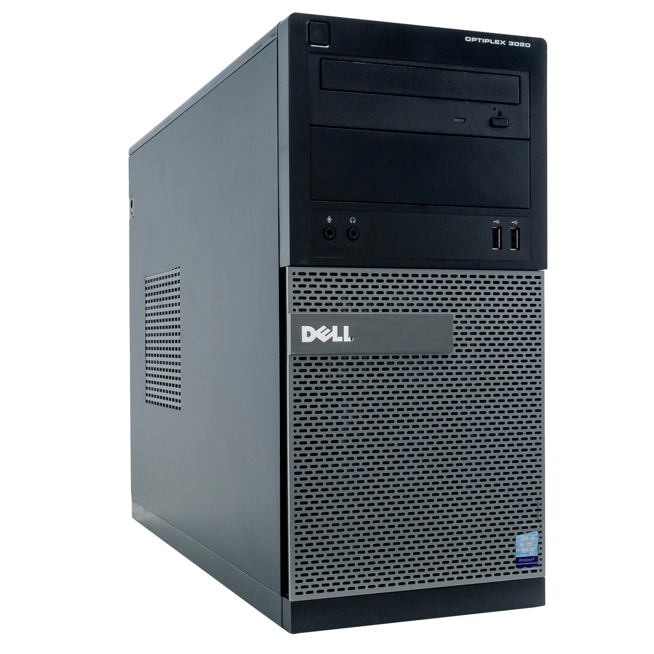 A black Scratch & Dent Dell OptiPlex 3020 Tower Computer, Intel Core i5 (4th Gen), Windows 10, WiFi, with front CD drive, USB ports, ventilation holes, and Dell logo is shown at a slight angle.