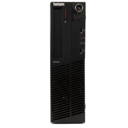 Front view of a black Lenovo ThinkCentre M90P Desktop Computer, Intel Core i5 (1st Gen), Windows 10, WiFi, featuring USB ports, audio jacks, power button, and ventilation grill.