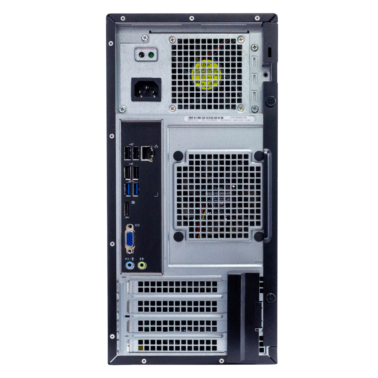 The back panel of the Scratch & Dent Dell OptiPlex 3020 Tower Computer (Intel Core i5, Windows 10, WiFi) features cooling vents, expansion slots, power input, audio jacks, USB ports, Ethernet port, and a VGA port.