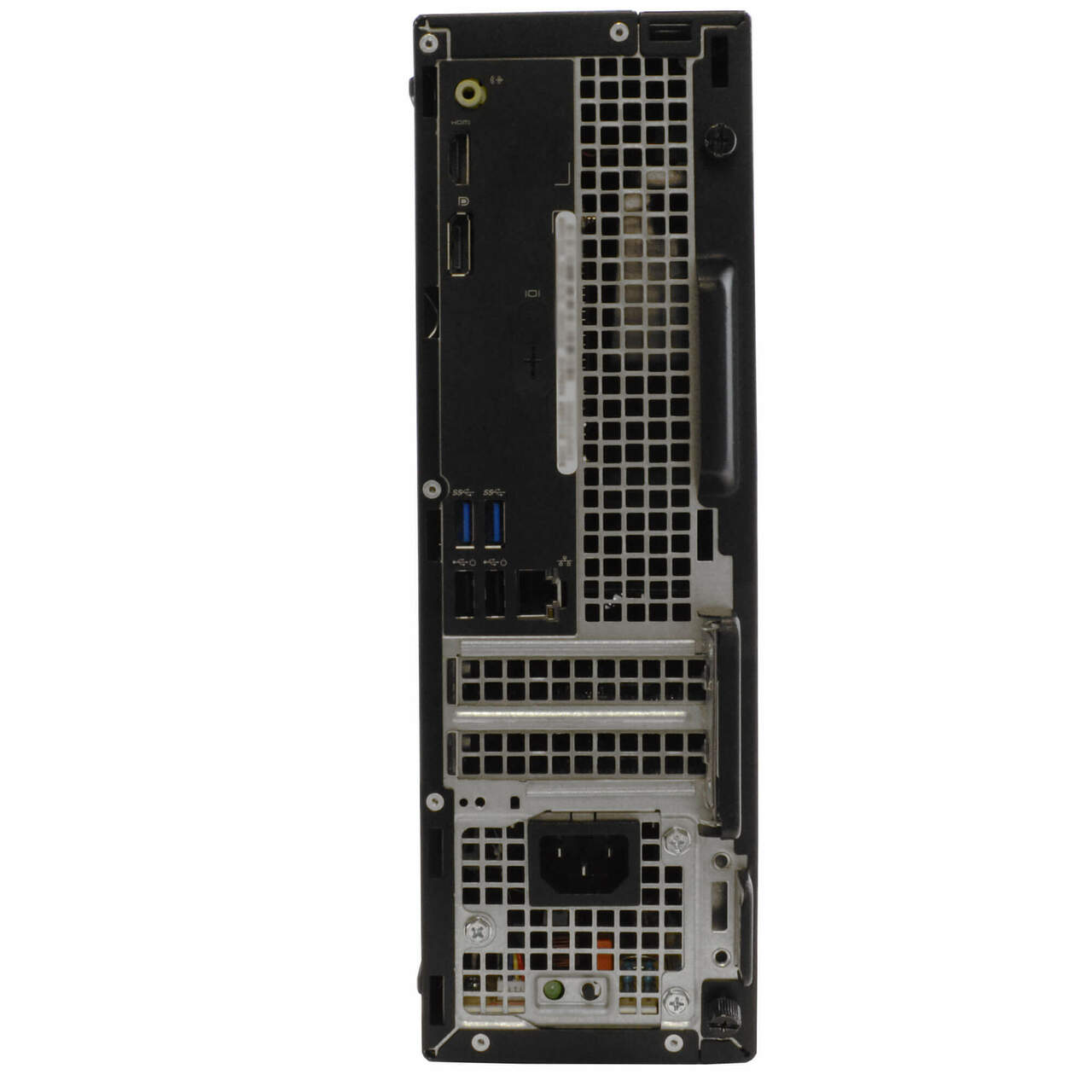 The image shows the back panel of a Scratch & Dent Dell OptiPlex 3040 Desktop Computer (Intel Core i5, Windows 10, WiFi) with ports including USB, Ethernet, HDMI, DisplayPort, audio jacks, and a power supply socket.