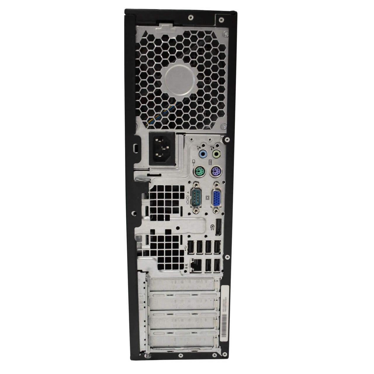 Rear view of a desktop computer tower showing various ports, including USB, VGA, Ethernet, PS/2, audio jacks, expansion slots, and a power supply vent at the top.